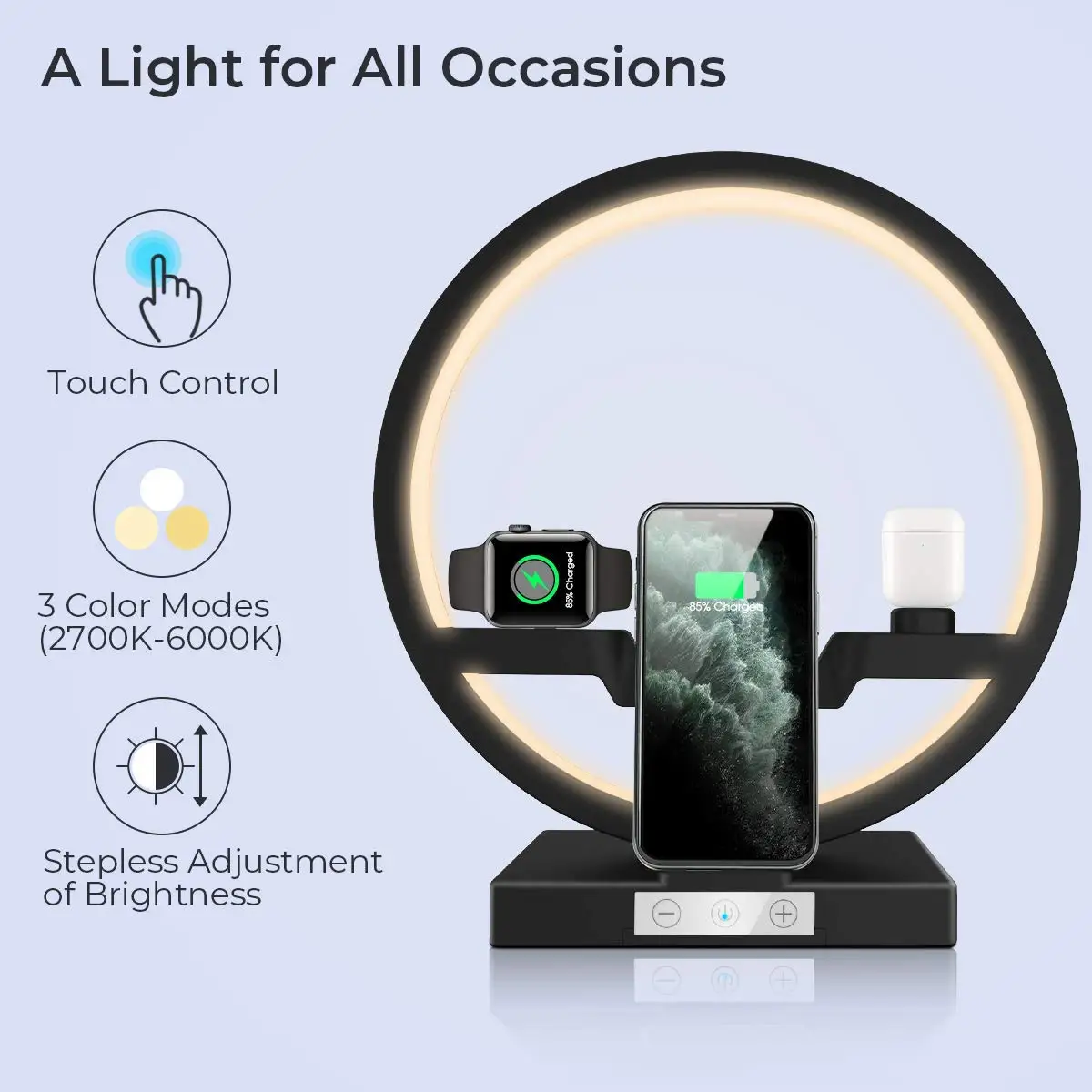 Wireless Charger QI-EU Multifunction 30W Fast Charging Station with Nightlight Compatible Apple Watch Airpods IPhone Max/8 Plus
Wireless Charger QI-EU Multifunction 30W Fast Charging Station with Nightlight Compatible Apple Watch Airpods IPhone Max/8 Plus