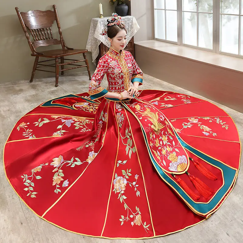 

Китайское изысканное Свадебное платье с цветочной вышивкой Феникс для пары элегантное платье с воротником-стойкой для свадьбы Ципао для брака