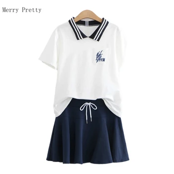 Letter Embroidery Turndown Collar Cotton T Shirts And Drawstring Mini Pleated Skirt Set Sweet Style Summer Women Two Piece Set
Letter Embroidery Turndown Collar Cotton T Shirts And Drawstring Mini Pleated Skirt Set Sweet Style Summer Women Two Piece Set