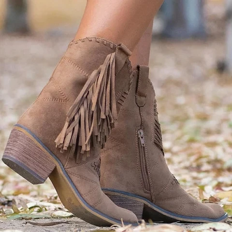 Botines Cowboy Boho Terciopelo Tacón Plano Flecos Cuero Cremallera –  Ella-time