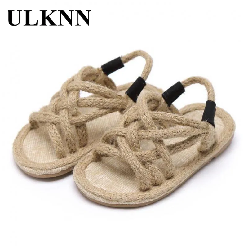 

ULKNN Summer Kids Hemp Rope Sandals For Girls Beach Shoes Fashion Baby Rome Sandals Soft Non-slip Children Light Flat Sandals