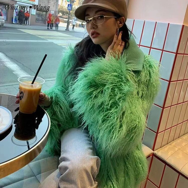Фото WHITNEY WANG 2019 осенне-зимняя модная уличная куртка из искусственного монгольский мех