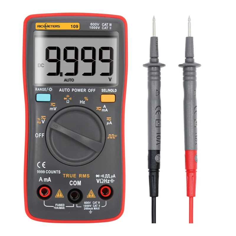 RM109 Palm-size True-RMS Digital Multimeter 9999 counts Square Wave Backlight AC DC Voltage Ammeter Current Ohm Auto/Manual
RM109 Palm-size True-RMS Digital Multimeter 9999 counts Square Wave Backlight AC DC Voltage Ammeter Current Ohm Auto/Manual