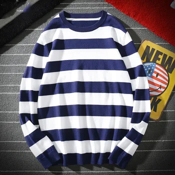 Men Spring Fashion Japan Style High Quality Long Sleeve Navy Stripe BF Style Simple Classical Knitted Loose Casual Chic Sweater 
Men Spring Fashion Japan Style High Quality Long Sleeve Navy Stripe BF Style Simple Classical Knitted Loose Casual Chic Sweater