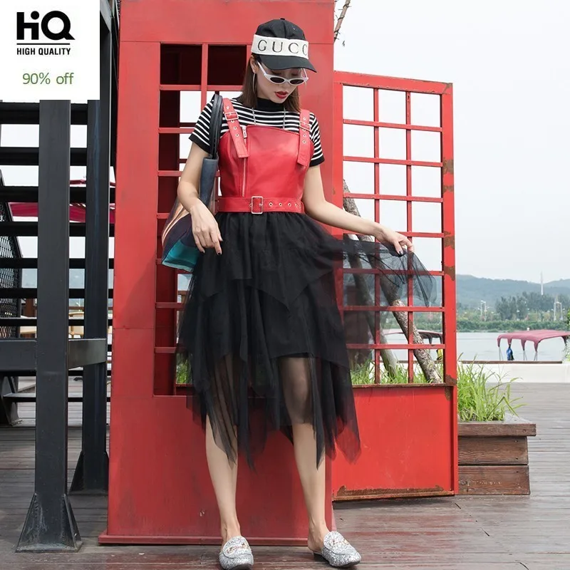 Fashion Women Sheepskin Real Leather Strap Dress Asymmetrical Gauze Mid Long Suspender Dress High Street Female Slim Fit Dresses
Fashion Women Sheepskin Real Leather Strap Dress Asymmetrical Gauze Mid Long Suspender Dress High Street Female Slim Fit Dresses