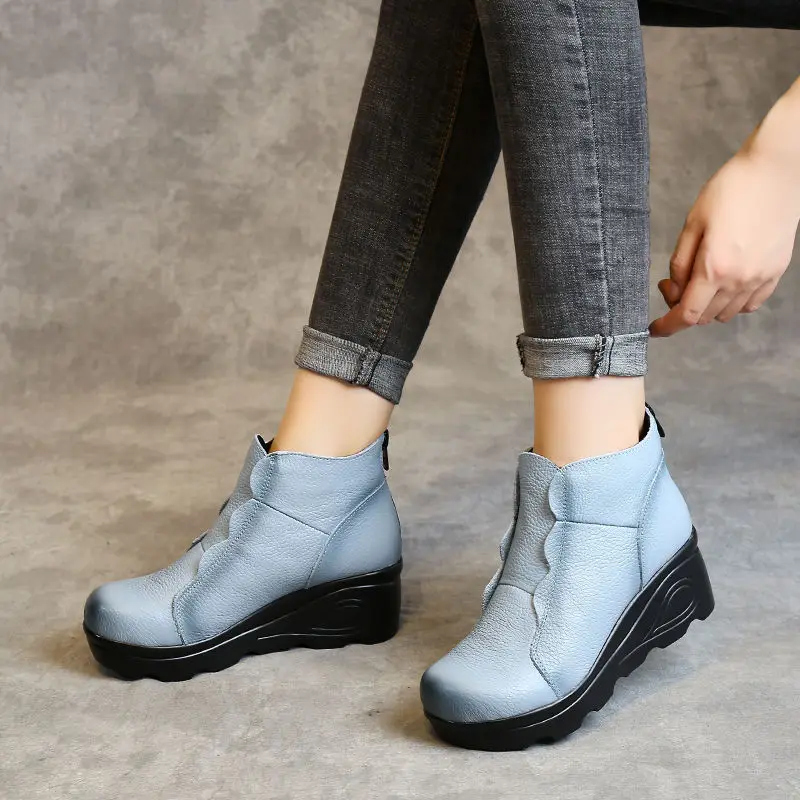 

Wedge Heel Chic Shoes Ladies Designer Blue Genuine Leather Ankle Boots For Women Low Heels Cowhide Mom Cozy Shoes Women's Boots