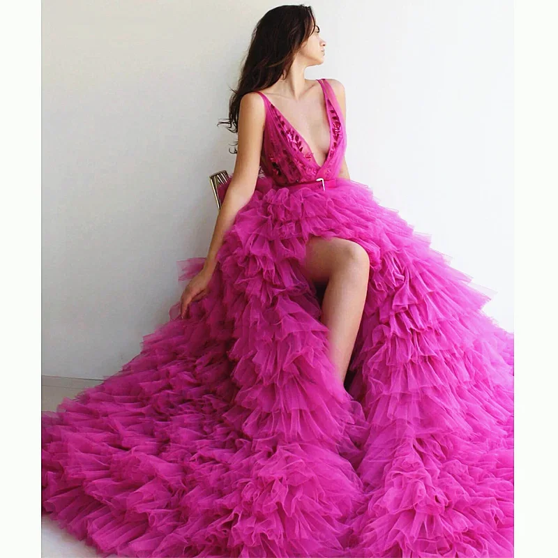 Princess Pink Prom Dresses Sleeveless Sash V Neck Lace Appliques Evening Dress Custom Made Tiered Ruffles Side Split Party Gown | Свадьбы и