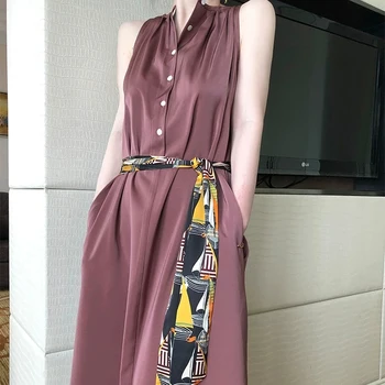 Runway Designer Crew Neck Sleeveless Pleated Retro Print Streamers Single-Breasted Elegant Temperament Slim Mid-Length Dress