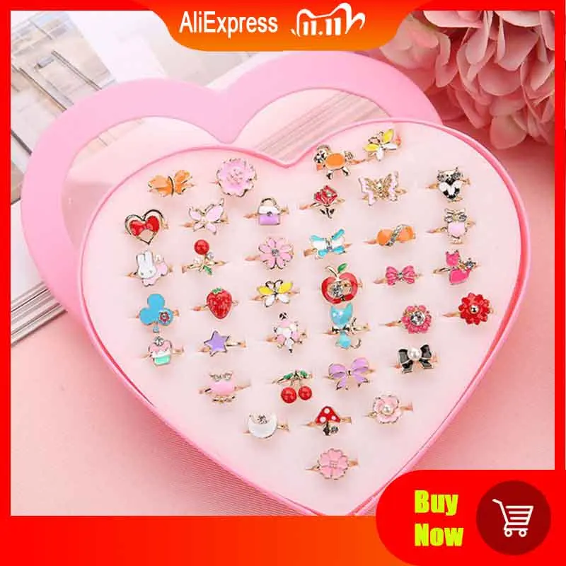 

36pcs Children Kids Little Girl Gift, Jewelry Adjustable Rings in Box, Girl Pretend Play and Dress up Rings,Random Shape and Col