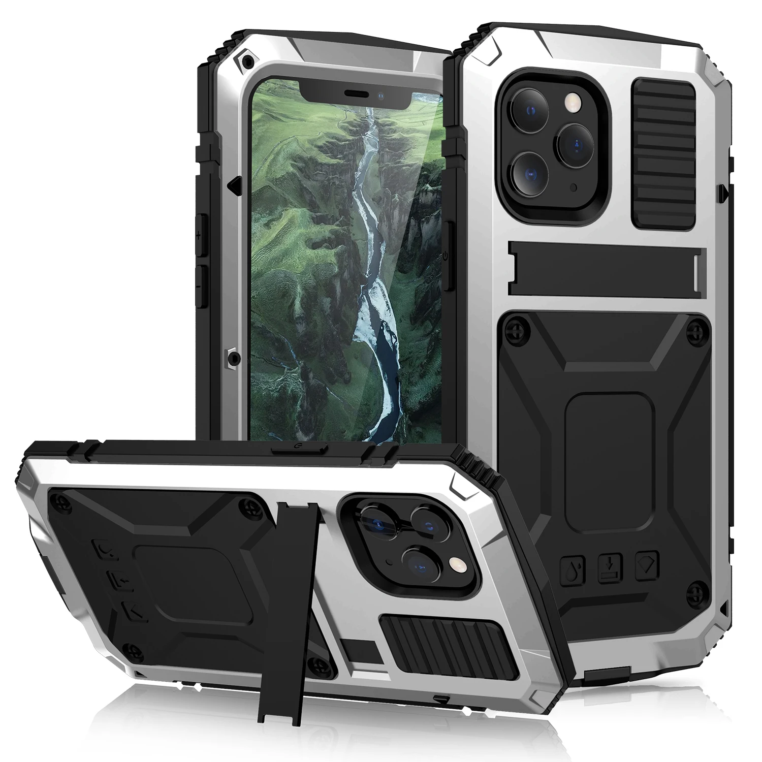 

Rugged Armor Shockproof Case for iPhone 14 13 12 11 Pro XR XS MAX Full Body Protective Silicone Kickstand Aluminum Metal Cover