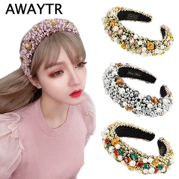 

AWAYTR Simulated Pearl Hairband Full Pearls Crystal Hair Hoop Velvet Luxury Headband For Women Gold Flower Hair Band Accessories