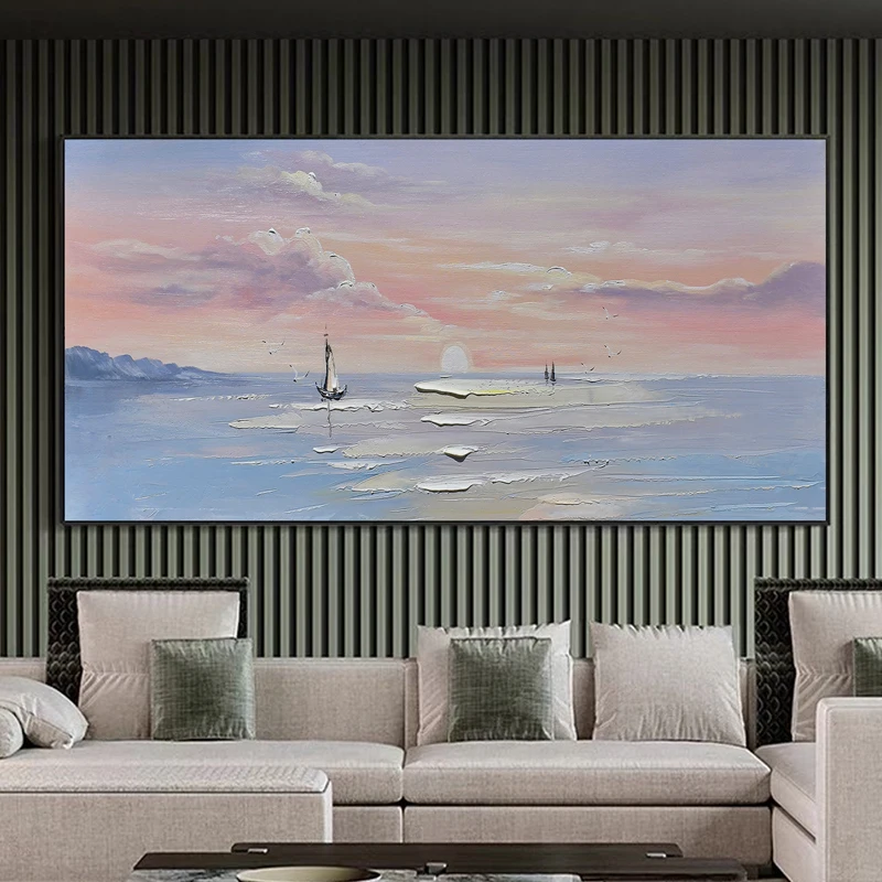 

100% ручная роспись, художественные картины маслом, современный синий океан, Розовое Небо, абстрактные картины на холсте, настенные картины для гостиной, украшение для дома
