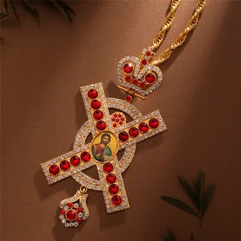 

Rock Long Religious Necklace Red Crystal Crown Pectoral Cross Orthodox Jesus Crucifix Necklace For Men Women Pendant Gift