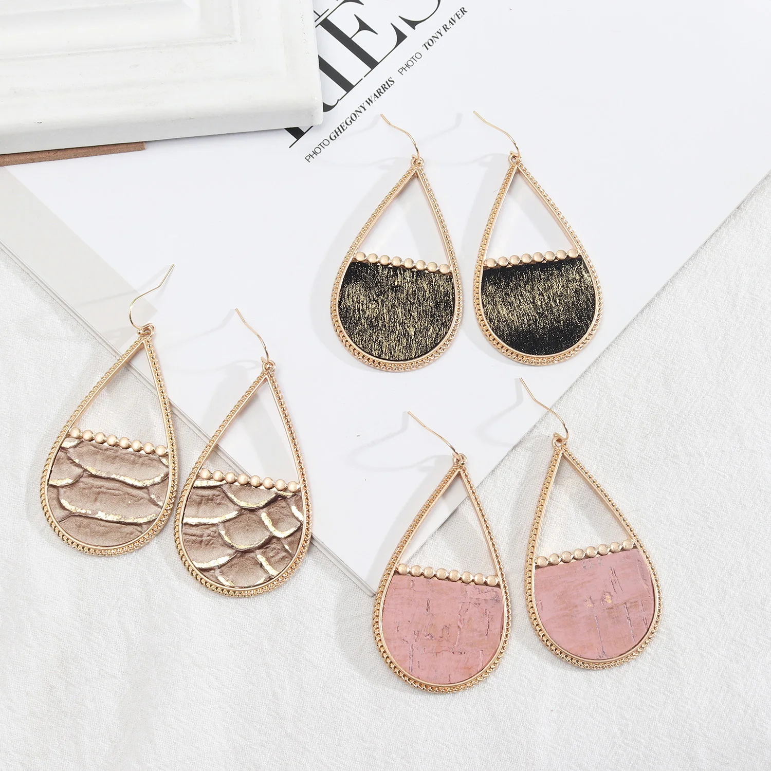 Fashion Pink Teardrop Frame PU Leather Charm Fishscale Leopard Print Earrings Gold Dangle European America Brand Jewelry Women | Украшения