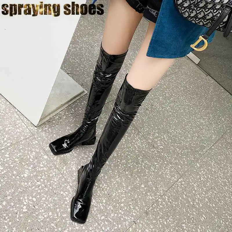 2019 Winter Boots Black Leather Stretch Boots Women Square Toe Over The Knee Boots Fashion Chunky Heel Shoes Slip On Slim Boots 
2019 Winter Boots Black Leather Stretch Boots Women Square Toe Over The Knee Boots Fashion Chunky Heel Shoes Slip On Slim Boots