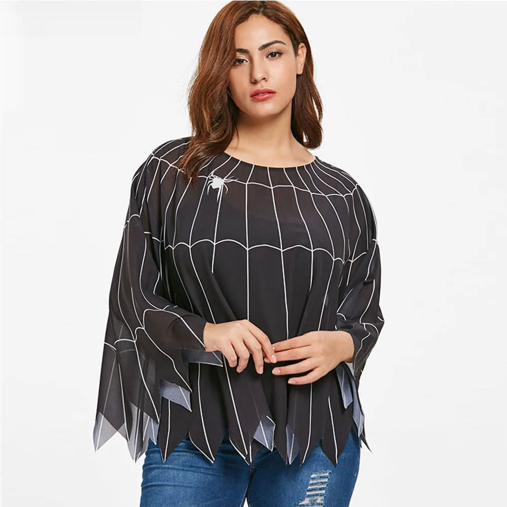 

Rosegal Halloween Plus Size Spider Web Print Poncho Blouse Women Tops New Fall Black O Neck Long Sleeve Blouses Shirts Clothing