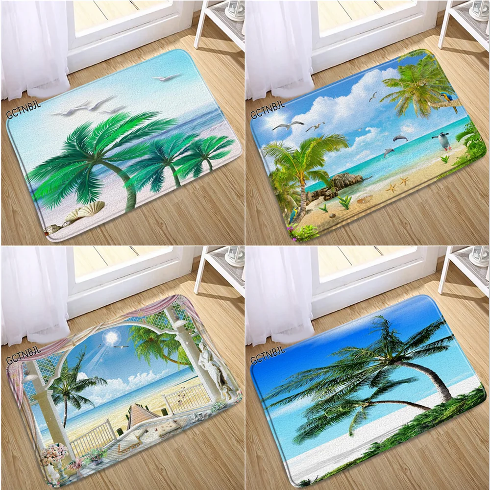 

3D Printed Beach Scenery Doormat Fun Blue Ocean Wave Palm Tree Floor Mat Kitchen Bathroom Toilet Non-Slip Carpet Entrance Rugs