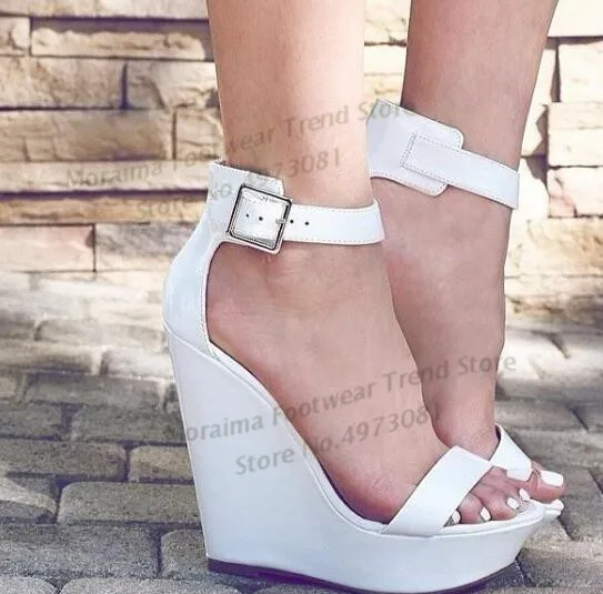 

Moraima Snc White Leather Platform Wedge Sandal Summer Peep Toe Ankle Strap Gladiator Shoes Woman Cutous Party Heels
