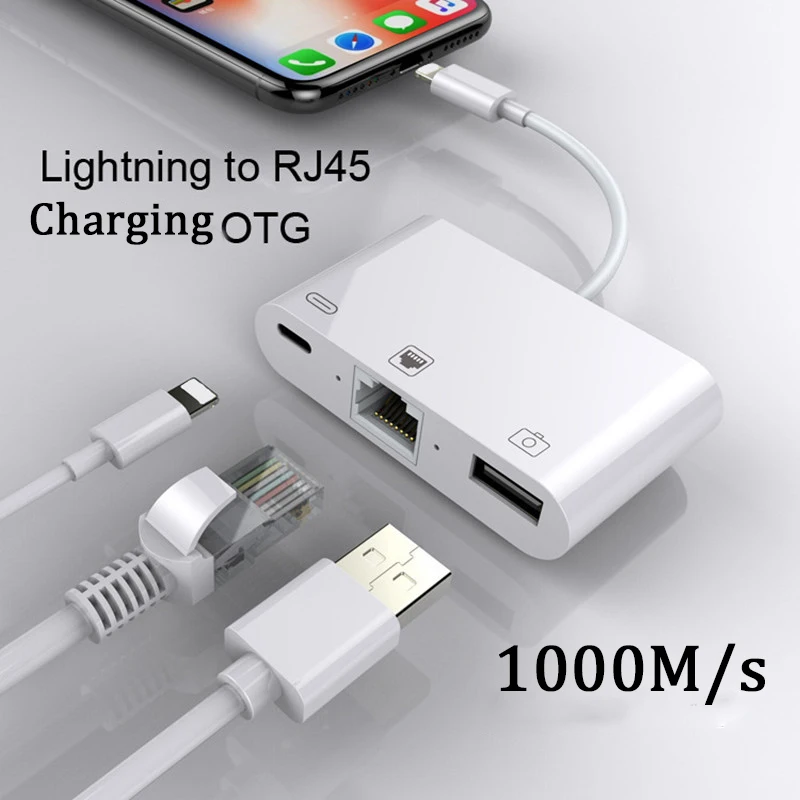 Adapter for Lightning to RJ45 Ethernet LAN Wired Network for iPhone/iPad all series with charging and USB 3 camera reader port
Adapter for Lightning to RJ45 Ethernet LAN Wired Network for iPhone/iPad all series with charging and USB 3 camera reader port