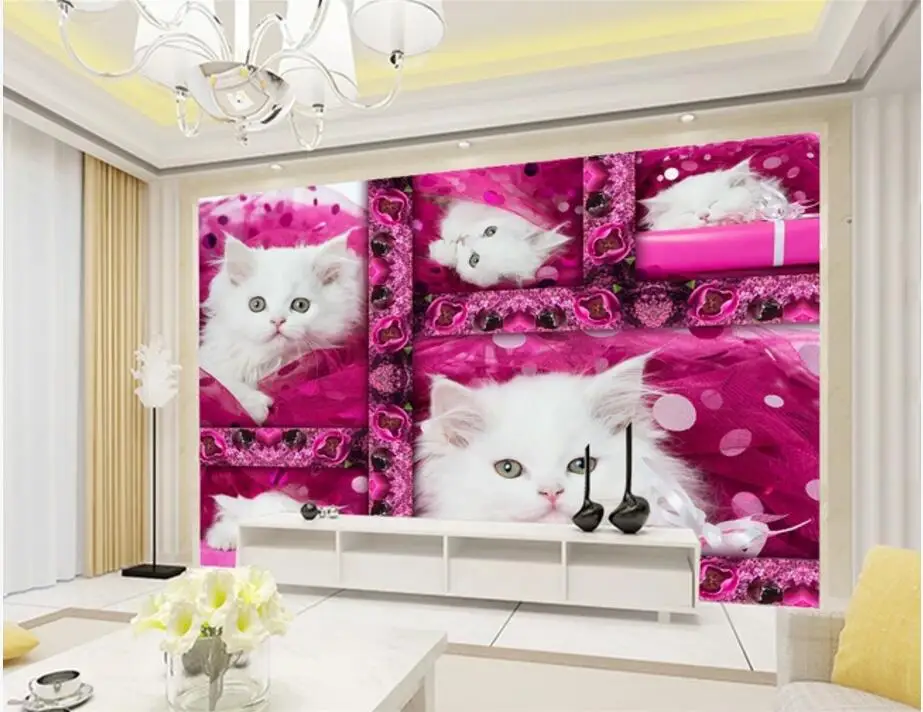 3d настенные фрески обои для гостиной милый белый котёнок красные цветы декор