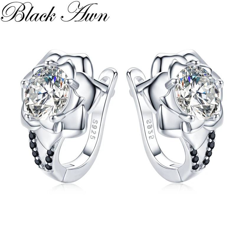 Black Awn Silver Color Round Trendy Spinel Engagement Flower Hoop Earrings for Women Jewelry Bijoux I152 | Украшения и аксессуары