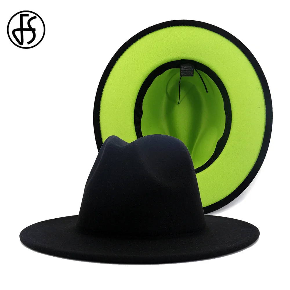 

FS 2020 60CM Hat Black Green Patchwork Fedora Hats Men Women Wide Brim Panama Cowboy Trilby Cap Party Elegant Wool Felt Jazz Hat