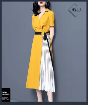 Yellow dress 2019 new summer long style fashion temperament 100 pleats a-line skirt 
Yellow dress 2019 new summer long style fashion temperament 100 pleats a-line skirt