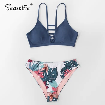 

SEASELFIE Navy and Floral Strappy Bikini Sets Women Sexy Tank Top Two Pieces Swimsuits 2020 Girls Swimming Suits Biquini