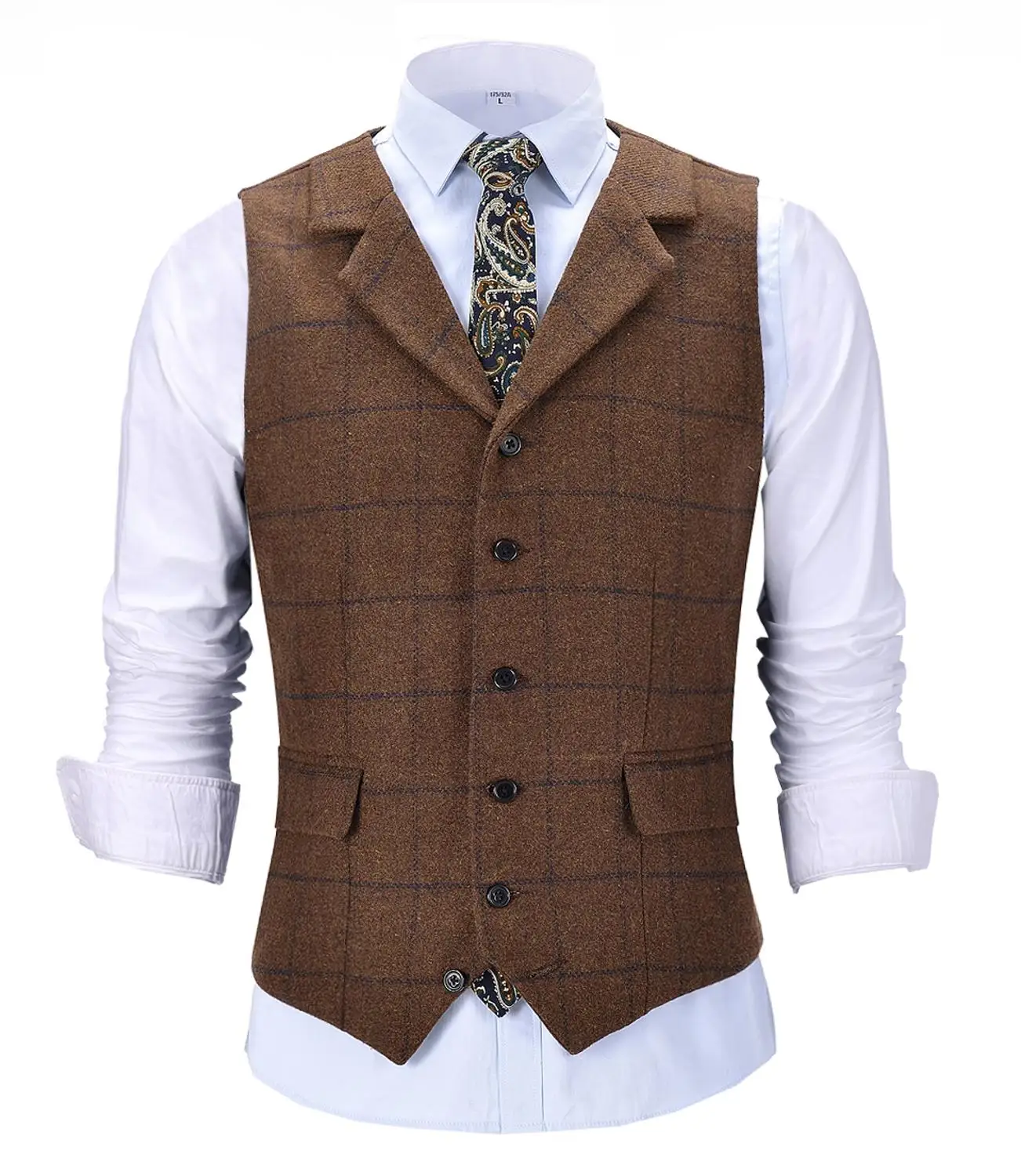 

Casual Gentleman Men's Army Green Vest Plaid Soft Wool Brown Jacket Tweed Business Waistcoat For Groosmen Best Man Wedding