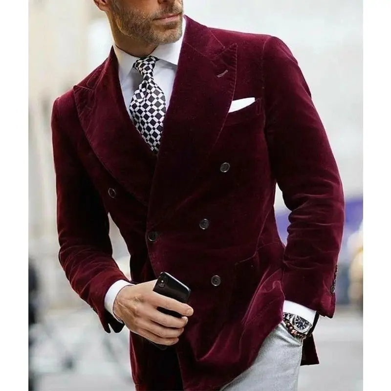 Burgundy Double Breasted Velvet Mens Blazer Elegant Single Coat Smoking Male Suit Dinner Jacket
Burgundy Double Breasted Velvet Mens Blazer Elegant Single Coat Smoking Male Suit Dinner Jacket