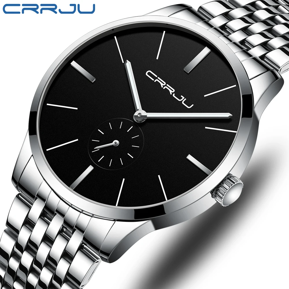 

CRRJU Fashion Men Watch Luxury Silver Black Stainless Steel Quartz Wristwatch Casual Sport Waterproof Clock Relogio Masculino