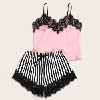 Pyjamas Women Sleepwear Summer Lingerie Sexy Lace Satin Silk Striped Patchwork Camisole Shorts Pajamas Set Pijama Dropshipping #
Pyjamas Women Sleepwear Summer Lingerie Sexy Lace Satin Silk Striped Patchwork Camisole Shorts Pajamas Set Pijama Dropshipping #