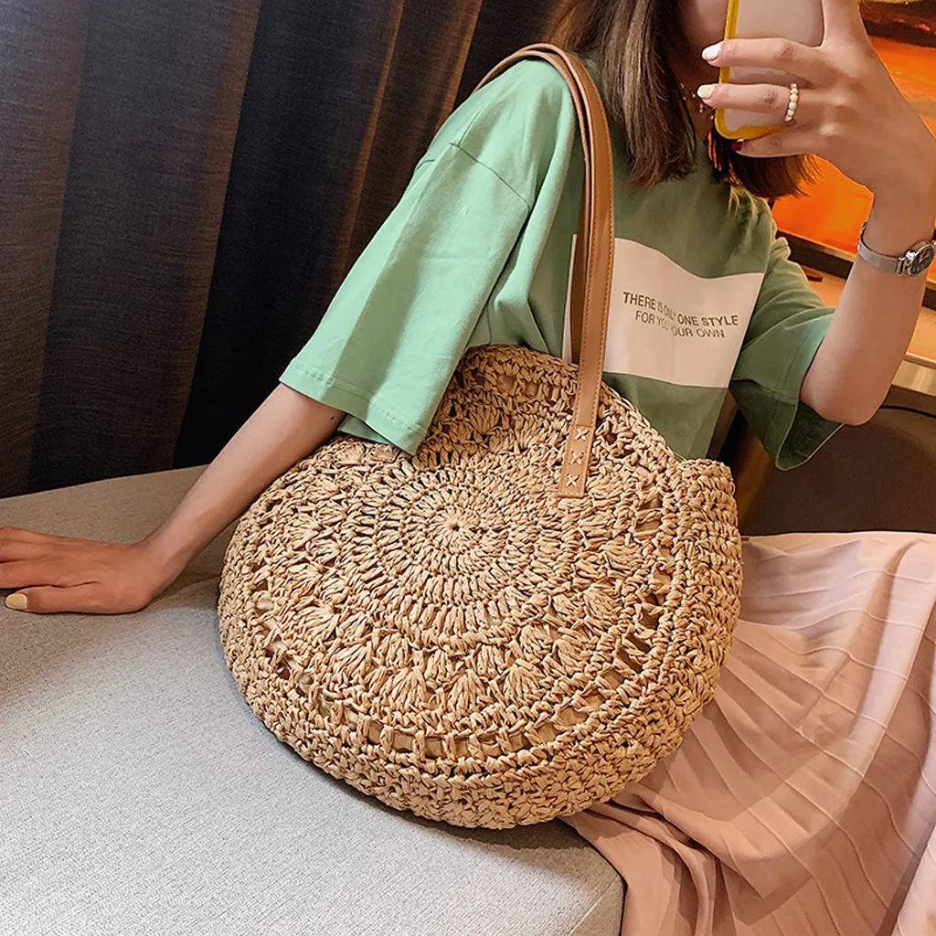 Casual Rattan Women Shoulder Bags Circle Straw Handbags Big Capacity Handmae Summer Totes Lady Round Boho Beach Treval Sac #j4s | Багаж и