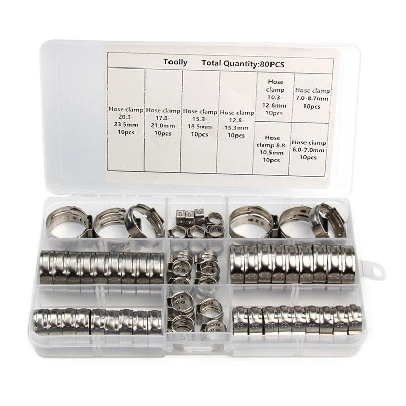 80Pcs/set Single Ear Hose Clamps high quality Stainless Steel Hydraulic Hose O Clips Water Pipe Clamps