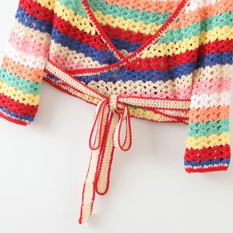 2020 BOHO Lacing up Colored Striped Hand crochet Cardigan Sweater Women Bandage Mini Short Shorts Half Sleeve Tops 2 Pieces Set
