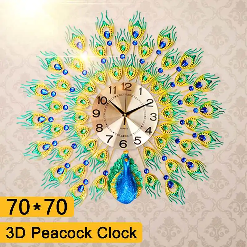 70x70 см DIY 3D большие настенные часы павлин с металлическим кристаллом алмазные
