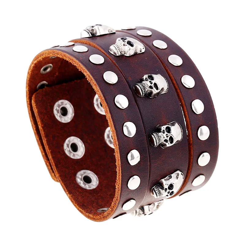Punk Fashion Brown Wide Leather Bangles Round Rivets and Skulls Genuine Cuff Bracelets Male Arm Jewelry Decorations | Украшения и