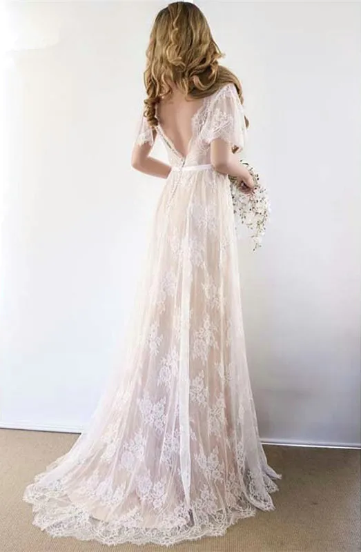 

Custom Made V-neck Short Sleeve Boho Wedding Gown Backless Country Style Lace Wedding Dress 2019 Vestido de Novia Bohemia