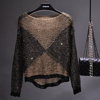Qooth Women Sequined Spring Knit Tops Long Batwing Sleeve O-neck Blouse Sequined Bling Loose Pullover Knitted shirt Femme qh2170 
Qooth Women Sequined Spring Knit Tops Long Batwing Sleeve O-neck Blouse Sequined Bling Loose Pullover Knitted shirt Femme qh2170