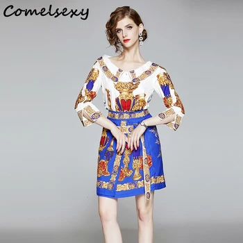 2019 Autumn New Runway Designer Skirt Two Pieces Set Women's 3/4 Sleeve Retro Printed Blouses + Casual Mini Skirt Set With Belt
2019 Autumn New Runway Designer Skirt Two Pieces Set Women's 3/4 Sleeve Retro Printed Blouses + Casual Mini Skirt Set With Belt