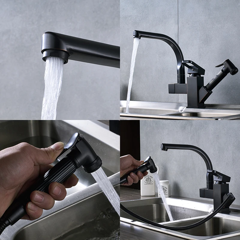 Uythner Black Kitchen Faucets Dual Spout Pull Out Kitchen Tap With Spray Kitchen Water Taps Hot&Cold Water Mixer Deck Mounted
