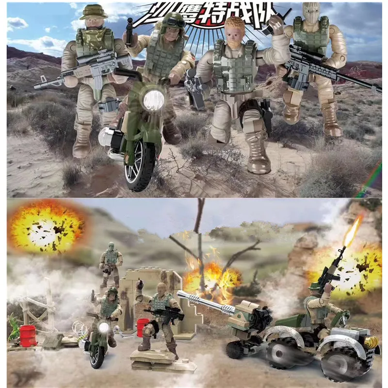 4Pcs World War 2 WW2 Desert Soldiers Armored Vehicle Tank Motorcycle Military SWAT Army Building Blocks Bricks Toys Juguetes
4Pcs World War 2 WW2 Desert Soldiers Armored Vehicle Tank Motorcycle Military SWAT Army Building Blocks Bricks Toys Juguetes
