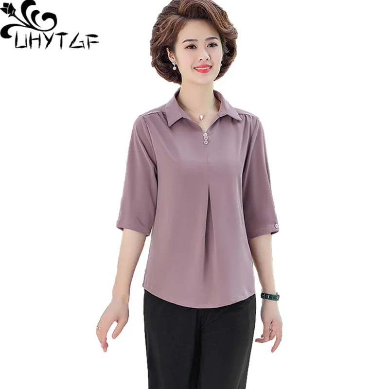 

UHYTGF 5XL Big Size Blouses Womens Middle-Aged Mother Summer T Shirt Casual Female Slim Tops Pure Wild Thin Ladies Clothes 2036