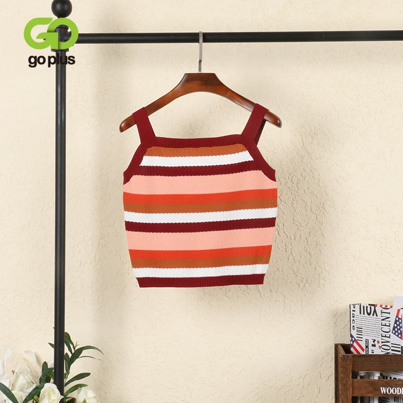 

GOPLUS Tops Women Clothes 2020 Vintage Striped Knitted Short Camis Sexy Sleeveless Vest Tank Top Vetement Femme Topjes Dames