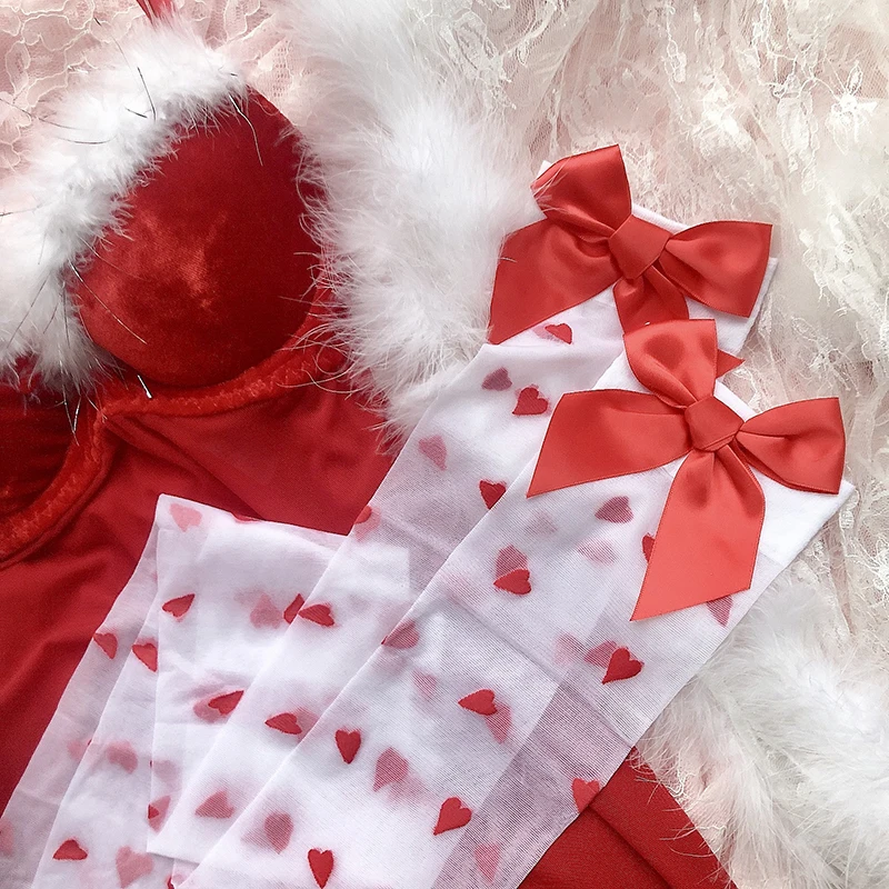 2020 Cute Small Heart Transparent Stockings Pure Lovely Red Bow Over Knee White Tigh High Sexy Suspender Tube Silk Stocking 2020 Cute Small Heart Transparent Stockings Pure Lovely Red Bow Over Knee White Tigh High Sexy Suspender Tube Silk Stocking