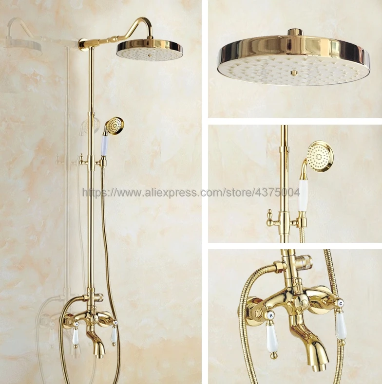 Gold Color Brass Wall Mount Shower Set Faucet Double Handle with Handshower + Bathroom Shower Mixer Tap Ngf692 
Gold Color Brass Wall Mount Shower Set Faucet Double Handle with Handshower + Bathroom Shower Mixer Tap Ngf692
