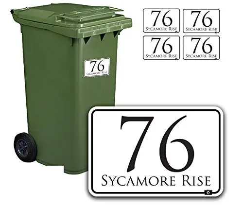 Sign Ltd SET of 4 (A6 = 150MM X 100MM) x Personalised wheelie bin stickers (4 Pack) printed with your street, road or house name
Sign Ltd SET of 4 (A6 = 150MM X 100MM) x Personalised wheelie bin stickers (4 Pack) printed with your street, road or house name