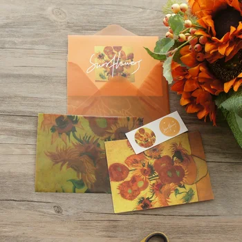 2 Envelopes 2 Card Sticker Set Sunflower Vase Oil Painting Design Envelop Message Card Invitation Envelop Transparent Paper