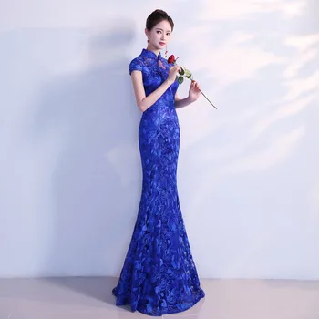 Elegant Navy Blue Qipao Chinese Style Women Full Length Evening Party Gown Mermaid Dress Sexy Slim Lady Robe De Soiree Vestidos 
Elegant Navy Blue Qipao Chinese Style Women Full Length Evening Party Gown Mermaid Dress Sexy Slim Lady Robe De Soiree Vestidos