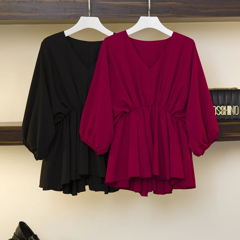

COIGARSAM 4XL Plus Size Chiffon blouse women Summer Batwing Sleeve High Waist blusas womens tops and blouses Wine Red Black